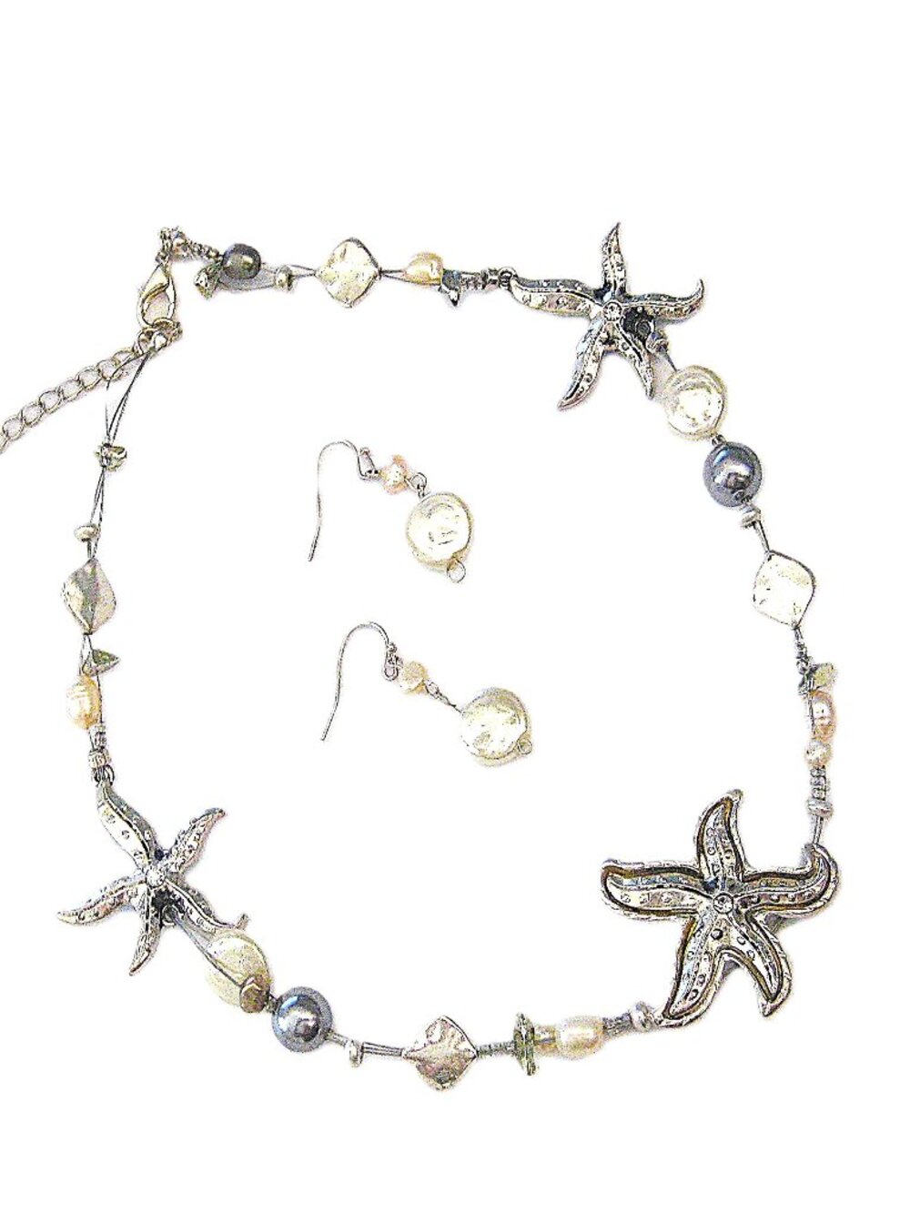 Starfish and Glass Pearl -  Necklace - Earrings Set  Neutral Colors -  New
